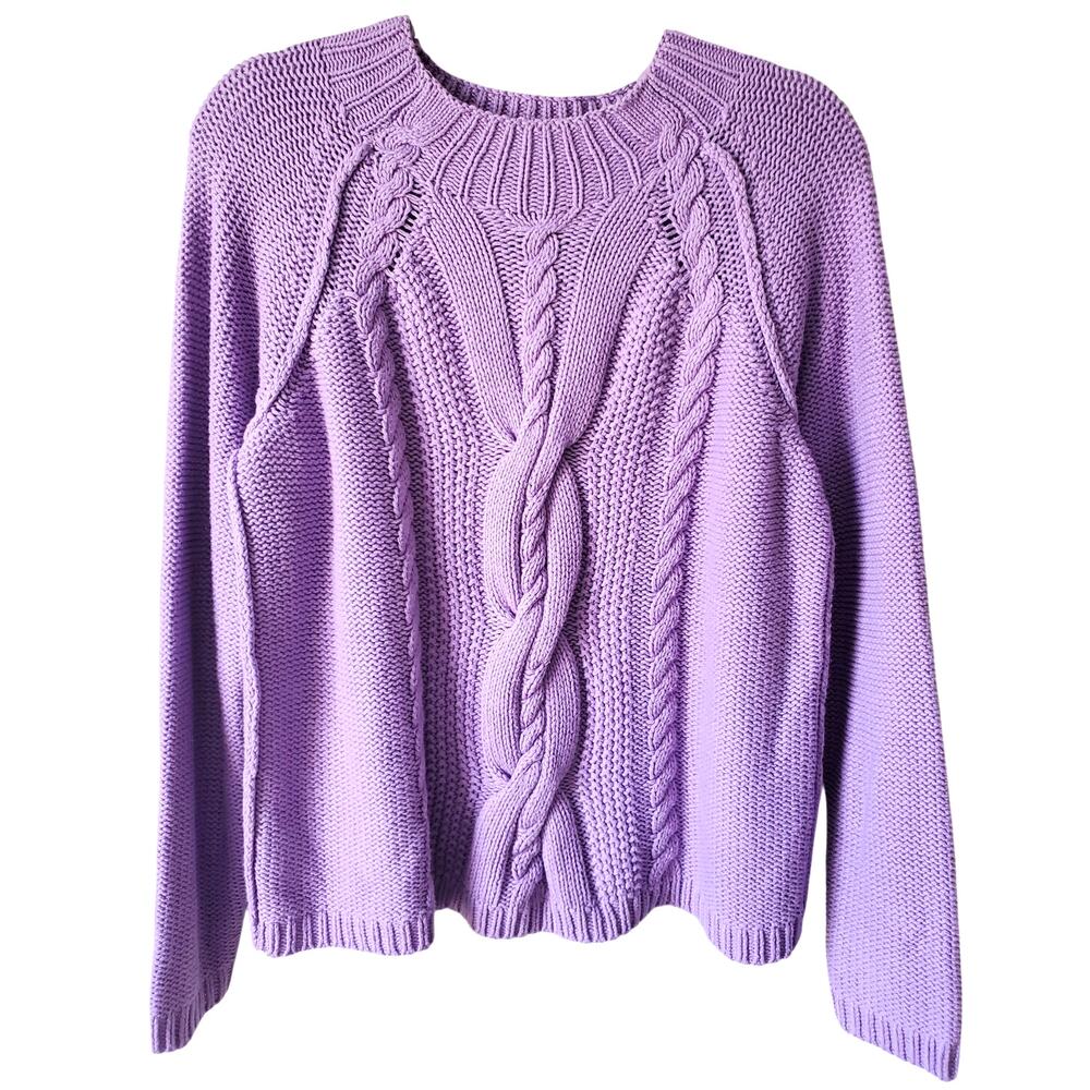 Women J Jill Pastel Purple Cable Cotton Sweater M Fisherman Boxy Preppy Coastal
